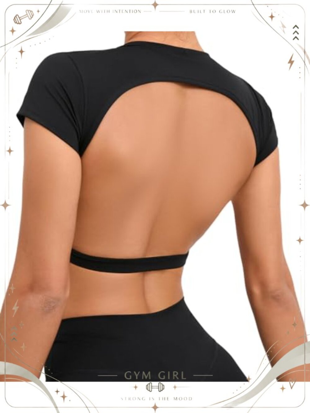 Open Back Crop Top Built in Bra Short Sleeve Backless Workout Top